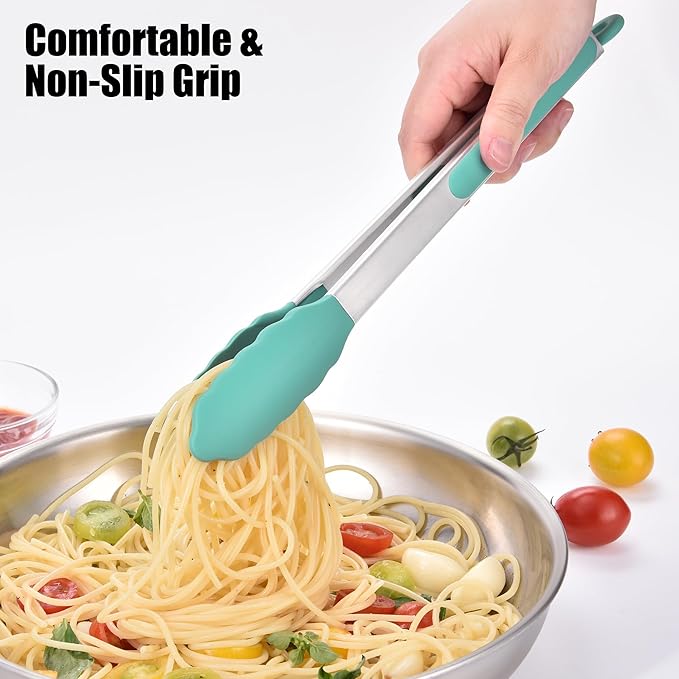 Doosu Kitchen Tongs for Cooking - 600°F Heat Resistant Food Tong Set with Non-Scratch Silicone Tips, Heavy Duty Stainless Steel Locking Tong for BBQ, Grilling Steak, Serving Salad (9+12in, Aqua Sky)