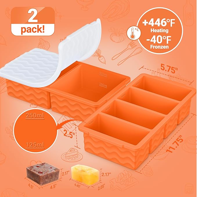Silicone Freezer Molds for Soup with Lid, 1-Cup & 2-Cup Large Ice Cube Trays Food Storage Containers for Meal Prep, Freeze 250mL/125mL Portions – 2 Pack