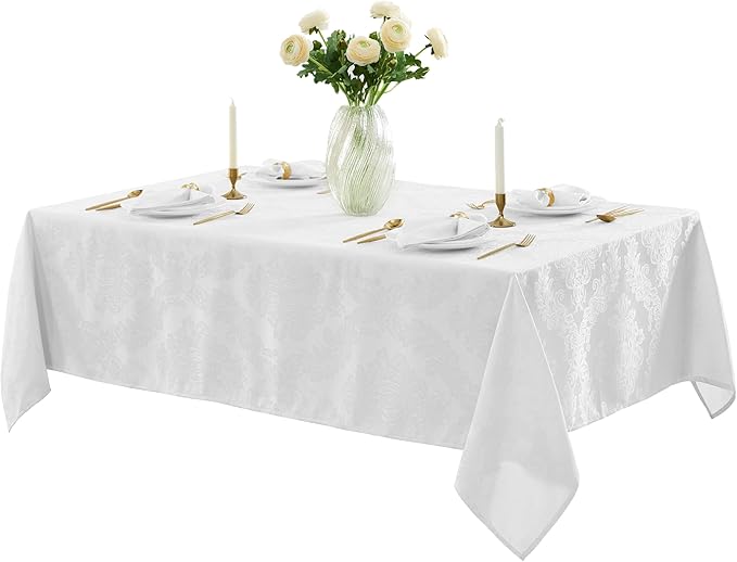 Newbridge Barcelona Luxury Damask Fabric Tablecloth, 52” Wide x 52” Square, White, 100% Polyester, No Iron, Soil Resistant Dining Room, Party and Banquet Table Cover