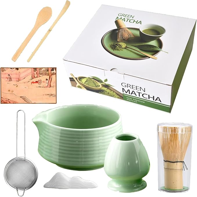 Matcha Whisk Set,(8Pcs) Includes Ceramic Matcha Bowl, Whisk, Holder, Scoop and Spoon, Rest, Sifter, Tea Towel,Traditional Tea Ceremony Set Gift(Green)