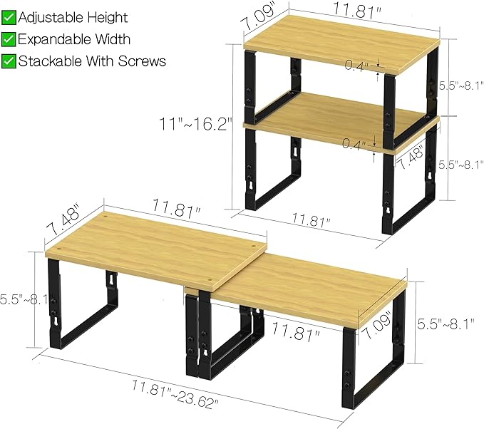 Adjustable Storage Shelves for Kitchen Cabinet Organization - Set of 2 Stackable Metal & Solid Wood Racks, Space-Saving Design for Countertop/Pantry/Garage, Easy Assembly(2 Packs/Medium/Black)