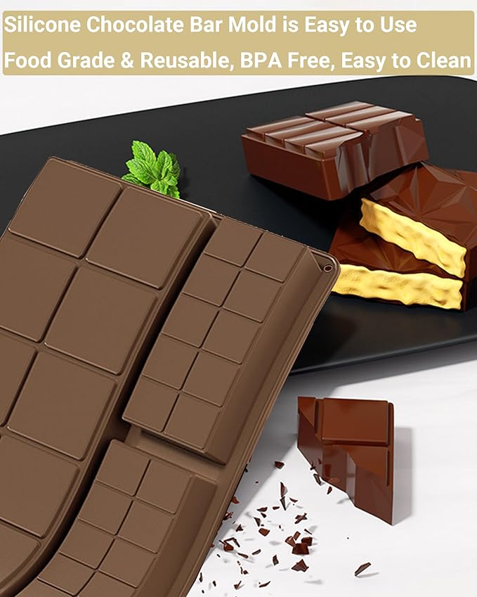 Silicone Chocolate Bar Mold, 1 Inch Deep, Large Candy Mould for Stuffed Bars and Fillings, 2 Pcs (brown)
