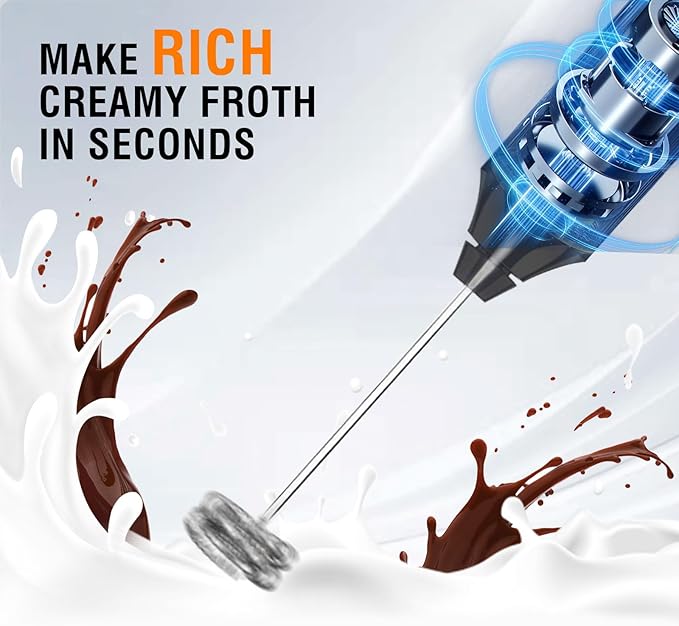 Milk Frother-Handheld Electric Whisk for Coffee, Latte, and Hot Chocolate (Plastic body-Built in 1200mAh lithium battery, USB rechargeable) Drink Mixer Handheld, Lightweight & Portable (Black)
