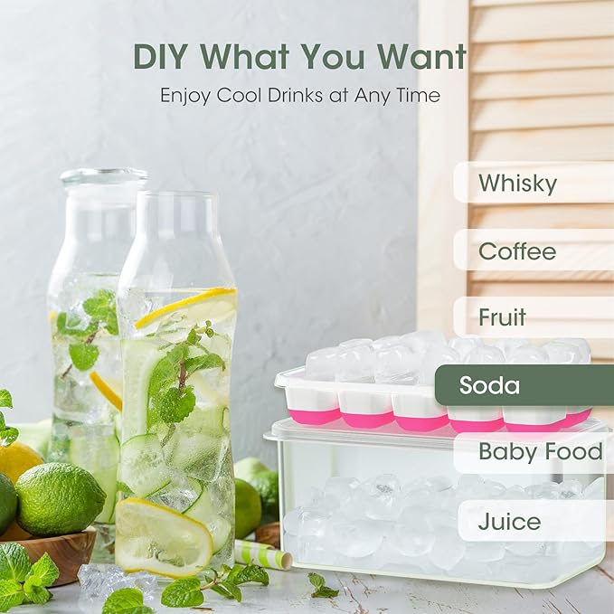 DOQAUS Ice Cube Tray with Lid and Bin, 4 Pack Silicone Plastic Ice Cubes Trays for Freezer with Box/Container, Stackable with Storage Iced Bucket Kits, Scoop, for RV, Soup, Food, Cocktail, Coffee