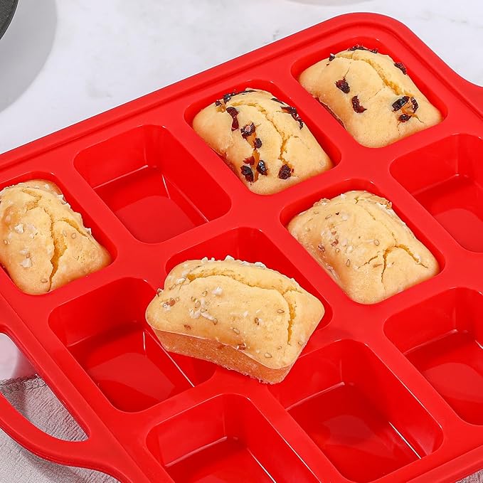 CAKETIME Silicone Mini Loaf Pan, 12 Cavities Metal Reinforced Frame Nonstick Food Grade for Baking Mini Bread, Brownie, Cornbread, Cheesecake and Chocolate (2 Pack)