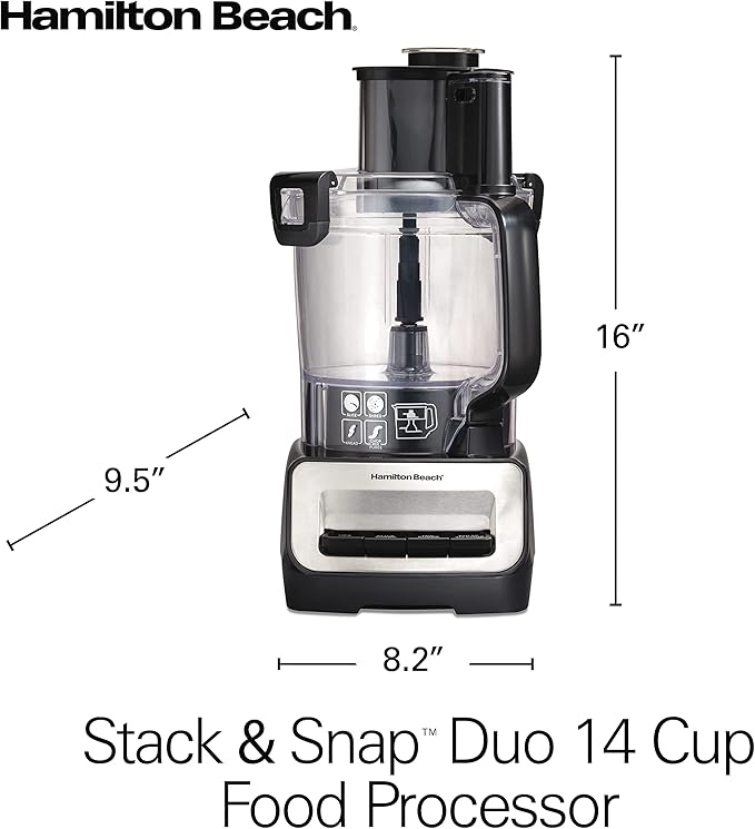 Hamilton Beach Stack & Snap Food Processor and Vegetable Chopper, Stainless Steel Blades, 14 Cup + 4-Cup Mini Bowls, 3-Speed 500 Watt Motor, Black (70585)