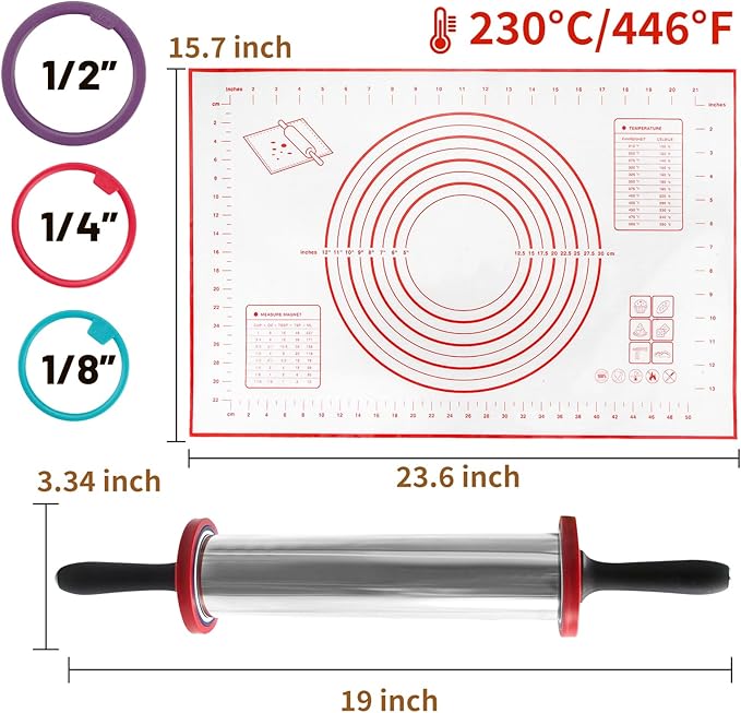 SHIKORI Rolling Pin,Adjustable Rolling Pin with Thickness Rings, Stainless Steel Dough Roller Baking Supplies for Pizza Pastry Fondant Pie Pasta-11 inch