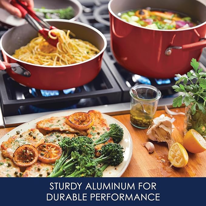 Rachael Ray Cucina Nonstick Cookware Pots and Pans Set, 12 Piece, Cranberry Red