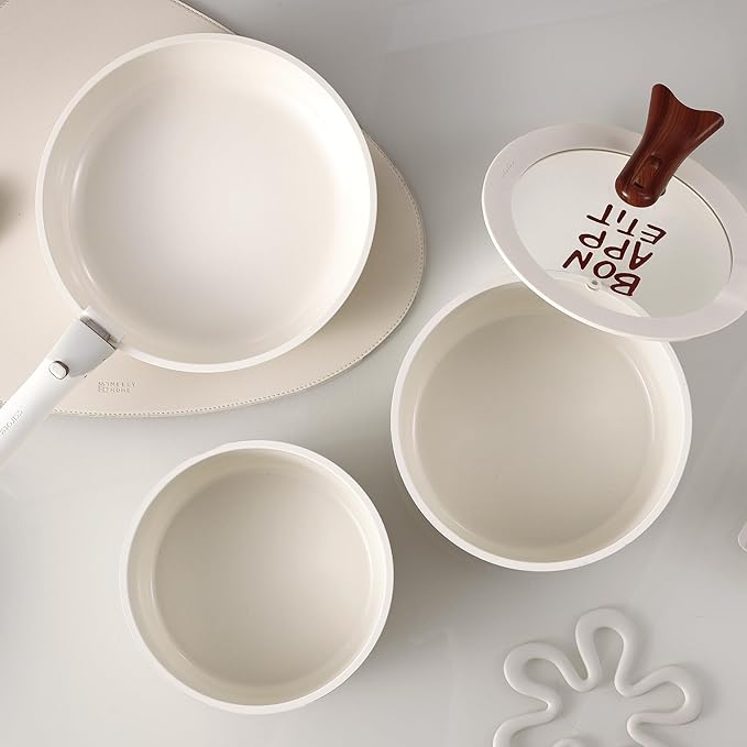 CAROTE Ceramic Sauce Pan Sets with Stand-Up Lid 2QT, 3QT & 4QT, 11 Piece NonStick Kitchen Cookware Sets with Detachable Handle, Non Toxic Cooking Pot, Oven Safe, Induction Ready, Cream White
