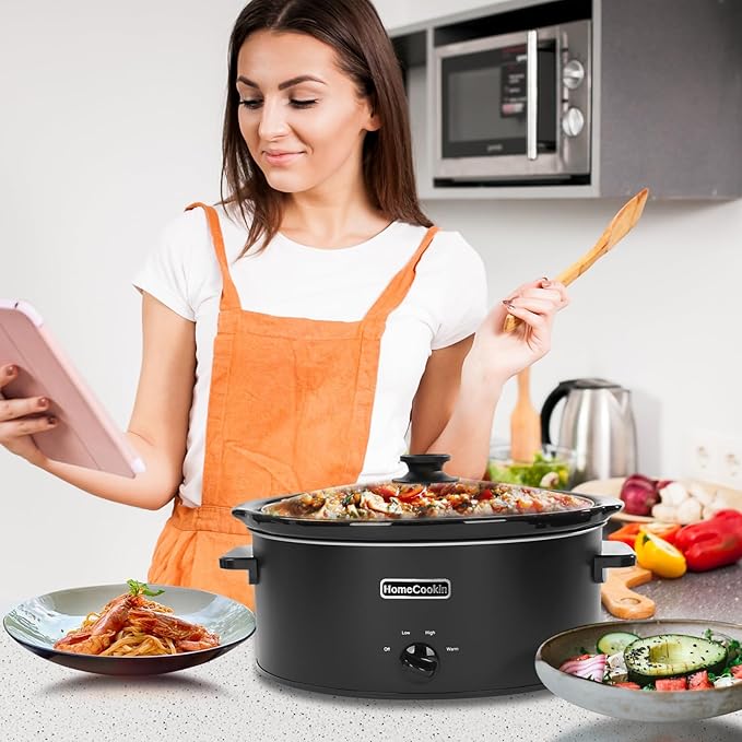 HOMECOOKIN 6 Quart Slow Cooker Oval Manual Pot Food Warmer with 3 Cooking Settings, Black Stainless Steel