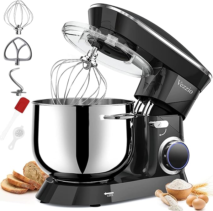 9.5 Qt Stand Mixer, 10-Speed Tilt-Head Food Mixer, Vezzio 660W Kitchen Electric Mixer with Stainless Steel Bowl, Dishwasher-Safe Attachments for Most Home Cooks(Black)