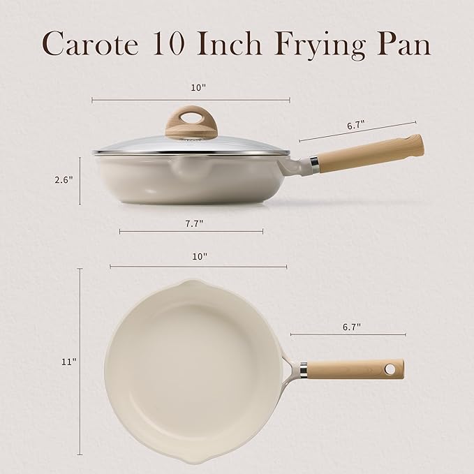 CAROTE 10" Ceramic Frying Pan with Lid, Non Stick Frying Pan Skillet Chef's Pan, Healthy & PFOA/PFAS Free, Induction-Compatible, Taupe