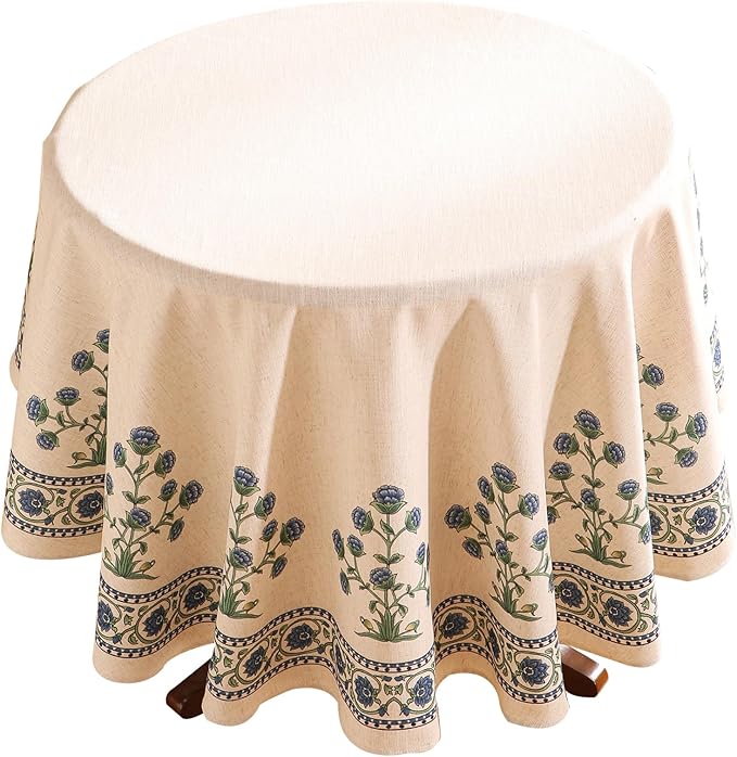 patdrea Designer Blue Small Tablecloth for Round Table,Linen Leaves Pattern Anti-Wrinkle Floral Tablecloths,Farmhouse Floral Table Cover Decor for Kitchen Dining,Thanksgiving,Diameter 55"-Ivar B