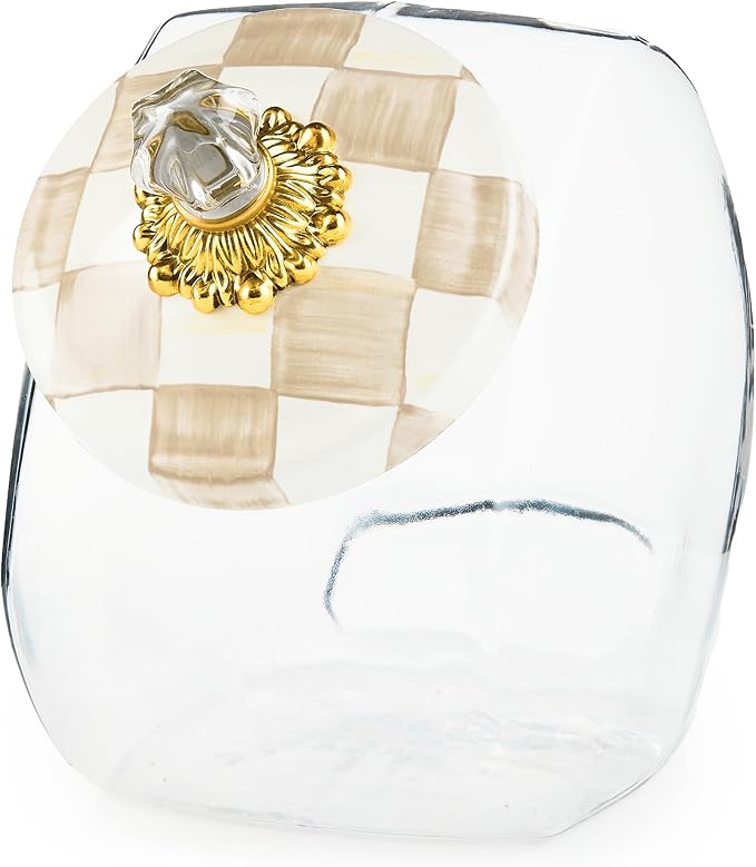 MACKENZIE-CHILDS Cookie Jar with Enamel Lid, Large Glass Treat Jar or Kitchen Jar, 1-Gallon Capacity, Brown-and-White Mocha Check