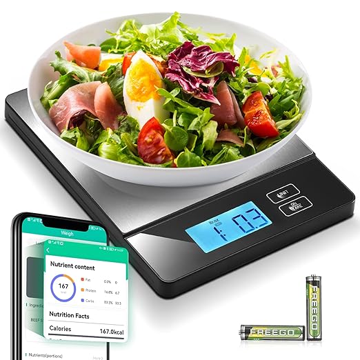 URAMAZ Smart Food Scales for Kitchen, Stainless Steel Digital Food Scale Grams and Ounces with Nutritional Calculator App, Food Weight Scale for Weight Loss, Calorie, Diet, Meal Prep 0.1oz / 11lb