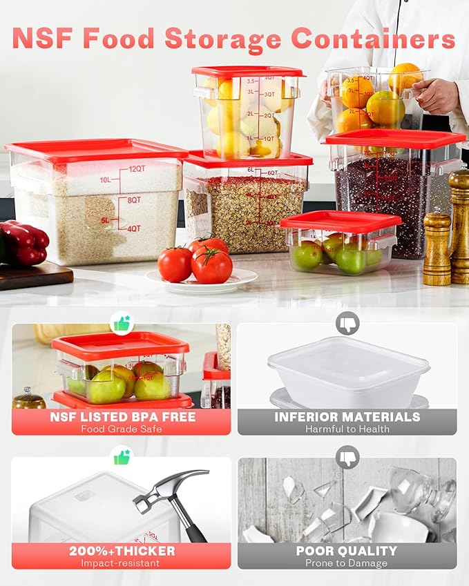 6QT Clear Food Storage Containers: 6 PCS[Food Grade][Hot&Cold Resistant] NSF Food Storage Containers with Lids for Home Restaurant Kitchen Storage Pizza Proof Dough, BPA Free