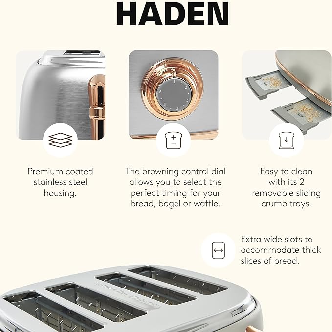 Haden Heritage 4 Slice Wide Slot Stainless Steel Toaster with Adjustable Browning Control & Non-Slip Feet, Steel & Copper