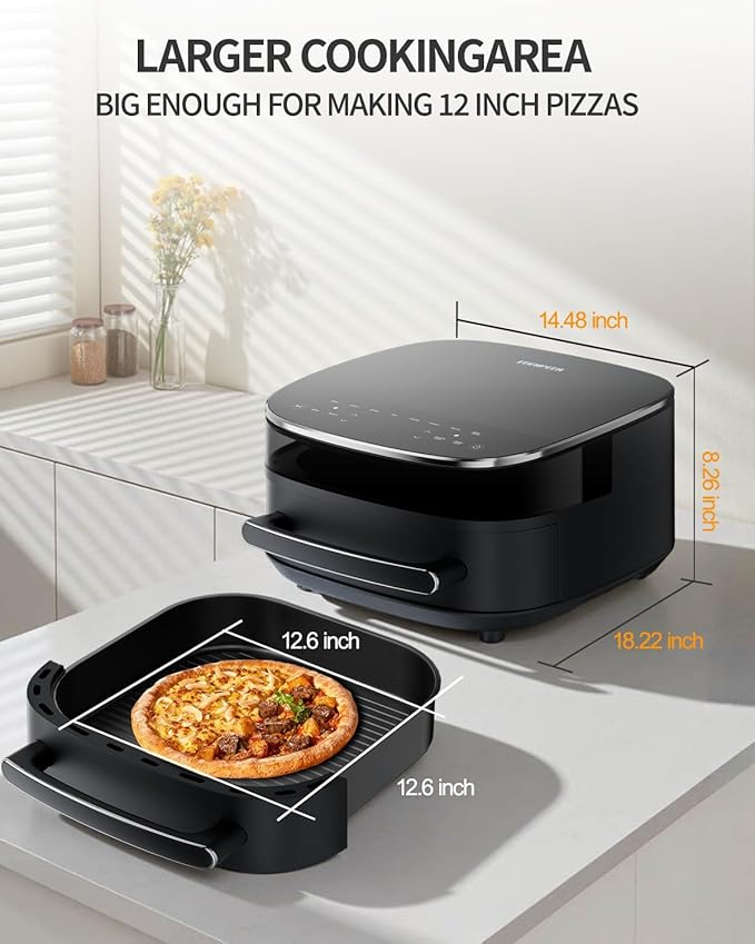 Extra Large Air Fryer,11-IN-1 6 QT 450F Air Fryer with Superior Airflow, Dual Heat Source Technology, Smart Digital Wide Fryer with Basket, Fits a 12" Pizza or 33 Chicken Wings