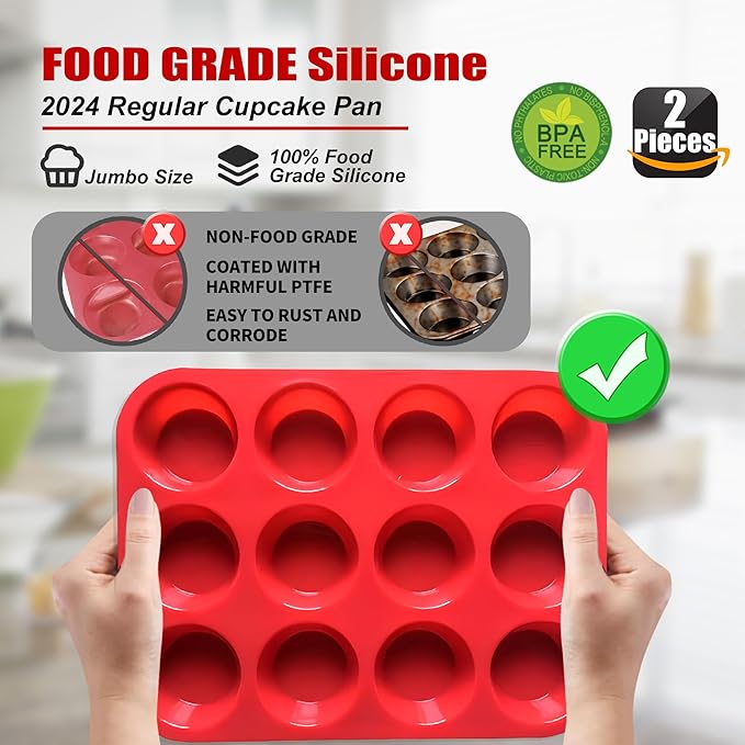 12 Cup Silicone Muffin Pan，Regular Size Cupcake Pan Great for Making Muffin Cakes, Bread, Tart - Piping Bags and Tips Set，Silicone Baking Cups-2 Pack