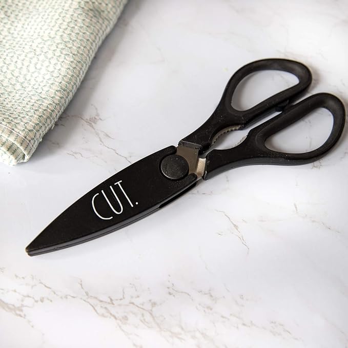 Rae Dunn Kitchen Scissors- Stainless Steel Kitchen Shears, Cooking Scissors for Cutting Meat, Chicken, Herbs and Produce with Blade Cover and Soft Grip Handles (Black)