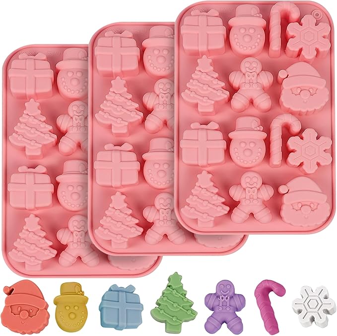 Christmas Molds Silicone Chocolate Molds Christmas Tree Santa Claus Gingerbread Cane Candy Molds 3pcs for Resin, Ice Cube, Soap, Cake Topper