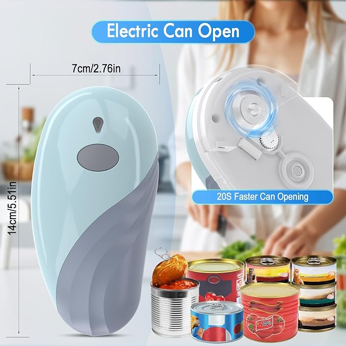 HuiJuKeJi Electric Can Opener, Rechargeable Automatic Can Opener for Seniors with Arthritis, One-Touch Hands-Free Can Opener for Almost Can Sizes, Smooth Edge & Food-Safe Kitchen Gadgets-Blue