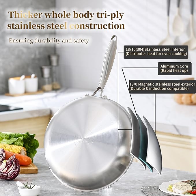 DELARLO Tri-ply Stainless Steel Frying Pan Set with Lid 8" 12" Induction large Skillets Chef's Pan,Pots and Pans Set Kitchen Cookware Set Suitable for All Stove