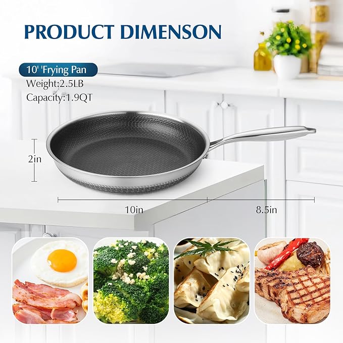 Non Stick Frying Pans, 10 inch Stainless Steel Nonstick Fring Pan with Honeycomb for Kitchen Cooking - Skillet for Cookware - Works with Induction Cooktop Ceramic and Gas.