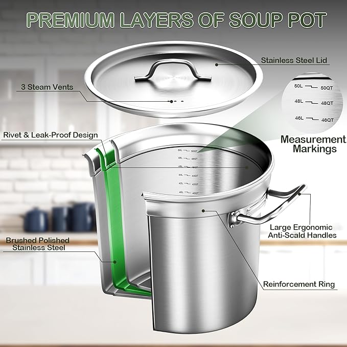 Stockpot, Large Stock Pot, 50 QT Stainless Steel Stockpot with Lid, Stock Pot with Lid – Heavy Duty Cooking Pot for Soup, Commercial Soup Pots, 3-Ply Induction Bottom, Oven Safe