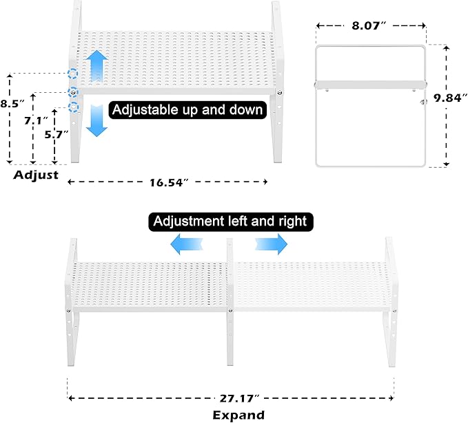 Expandable Counter Shelf, Adjustable Height Spice Rack Metal Mesh Board Shelf Organization for Kitchen Pantry Bathroom Office -White