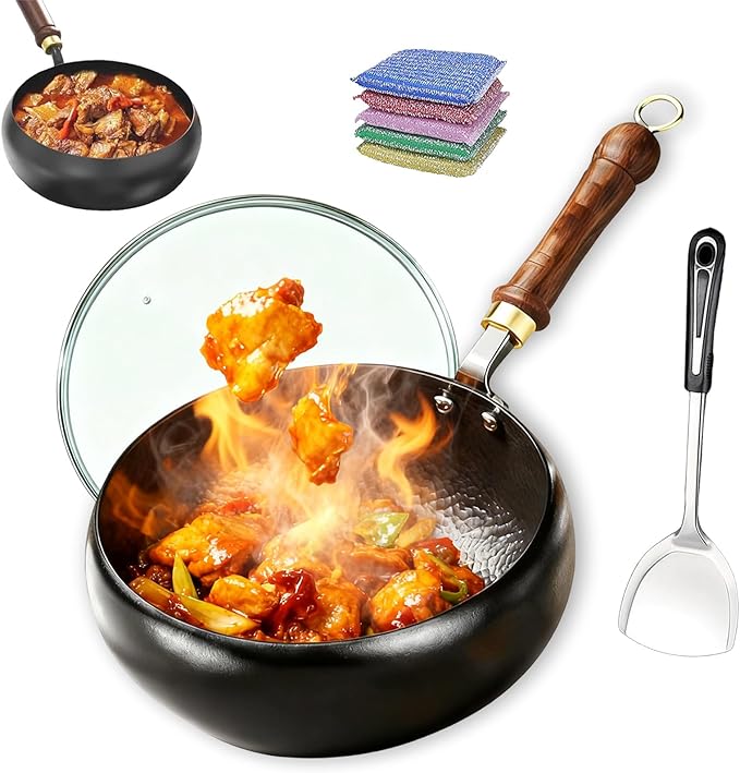 Jinswhdre Cast Iron Skillet, 9.5/11in Jinswhdre Japanese Irons Pan, Hand Forged Uncoated Iron Pan with Lid Spatula, Non-stick Wok for Cooker Gas Stir Fry Pans Durable and Rust-Free (Glass Lid,11in)