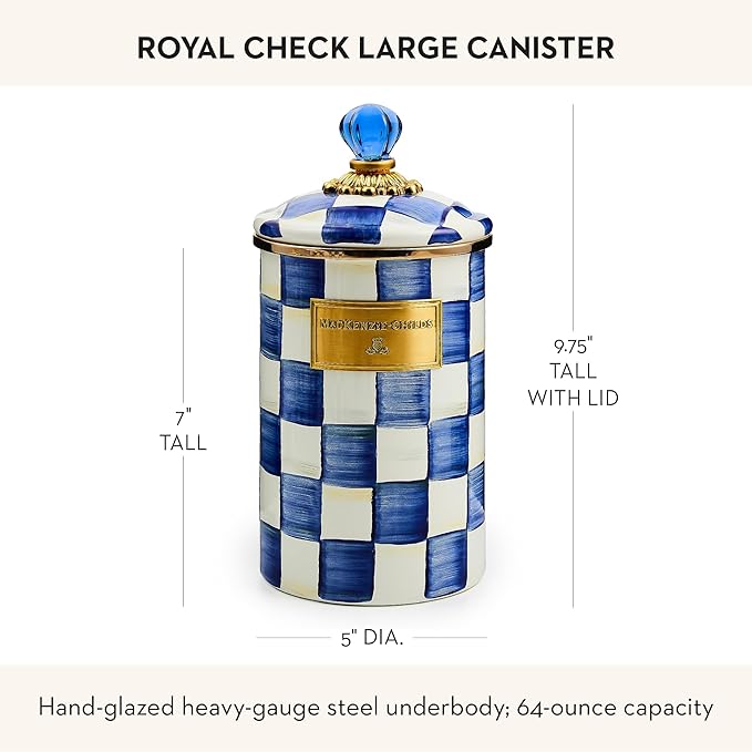 MACKENZIE-CHILDS Large Enamel Canister, Kitchen Storage Container for Flour and Sugar, 1.89 Liters, Blue-and-White Royal Check