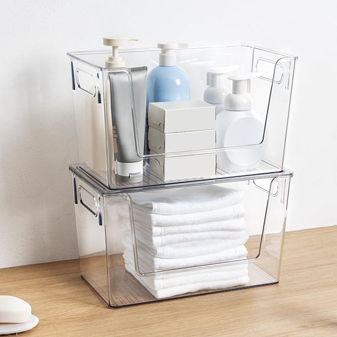 2 Pack Large Stackable Storage Bins, Plastic Container Organizer with Open Front, Pantry Organizers and Storage for Potato, Onion, Fruit and Vegetable, Clear Kitchen Laundry Organizer with Lid