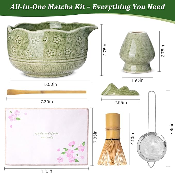 ALBISS Matcha Whisk Set - 7 Pcs Ceramic Matcha Kit with 18oz Spout Bowl & Cherry Blossom Design, Bamboo Whisk & Holder, Scoop, Rest, Sifter, Towel, Elegant Japanese Tea Gift Set for Macha Lover, Green