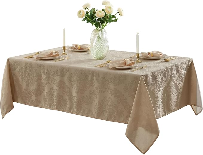Newbridge Barcelona Luxury Damask Fabric Tablecloth, 70” Extra Wide x 90” Rectangle, Golden Beige, 100% Polyester, No Iron, Soil Resistant Dining Room, Party and Banquet Table Cover