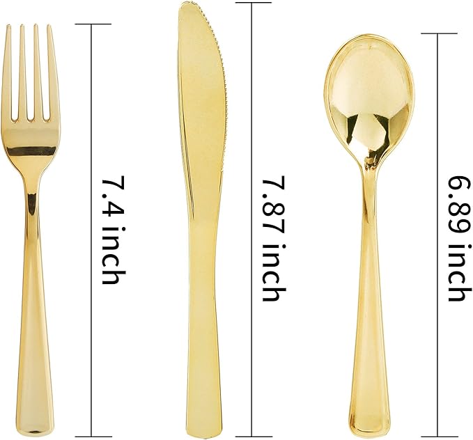 WDF300 Pieces Gold Plastic Silverware - Heavy Duty Disposable Cutlery Set Plastic Gold Silverware Set Includes 100 Forks, 100 Spoons, 100 Knives for Party/Thanksgiving