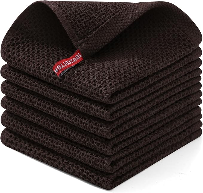 Homaxy 100% Cotton Waffle Weave Kitchen Dish Cloths, Ultra Soft Absorbent Quick Drying Dish Towels, 12 x 12 Inches, 6-Pack, Dark Brown