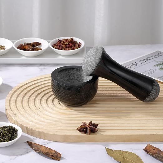 Tianman Small Mortar and Pestle Set 3.2 Inch.1/3 Cup.Mini Marble Grinder with Brush for Pills Herbs Spices,Easy to Grip.Efficient Grinding.Universal Dual Head Grinding Pestle.(Granite Black Polished)