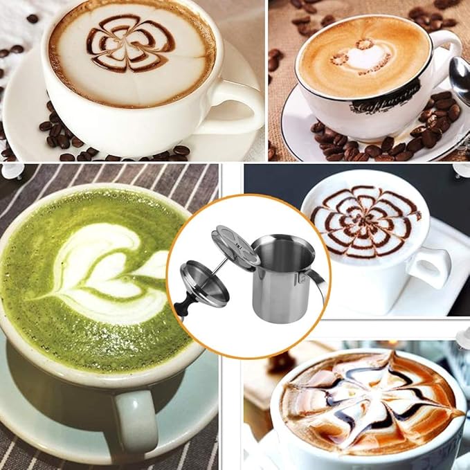 Manual Milk Frother, 400ml/14oz Stainless Steel Creamer Frother Milk Steamer Latte Cappuccino Coffee Foamer FrotherHandled Metal Creamer Foamer Pitcher With Handle Lid
