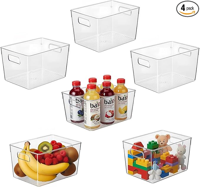 Clear Pantry Organizer Bins, Storage Containers & Plastic Containers with Handle, Cabinet Organizer, Home Organization Must Haves for Kitchen, Laundry Room, Office, Closet & Freezer (6 Pack)