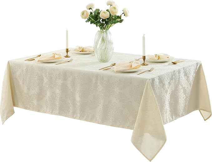Newbridge Barcelona Luxury Damask Fabric Tablecloth, 52” Wide x 70” Rectangle, Antique White, 100% Polyester, No Iron, Soil Resistant Dining Room, Party and Banquet Table Cover