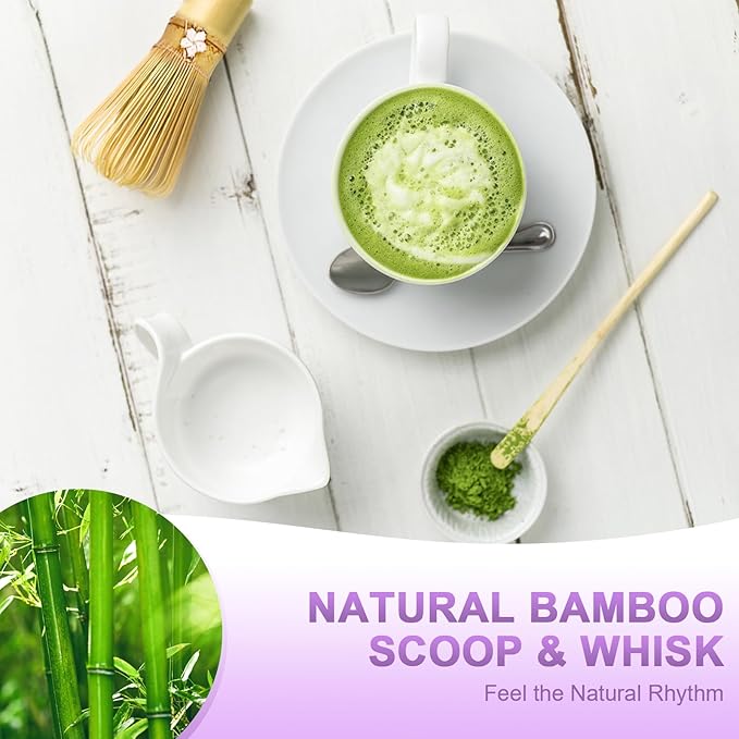 Matcha Set–7-Piece Set Including Matcha Bowl with Spout, Whisk, Chasen Holder, Sifter, Bamboo Scoop with Stand, wood spoon(Cherry Blossom Purple)–Perfect for Matcha Lovers&Tea Ceremonies