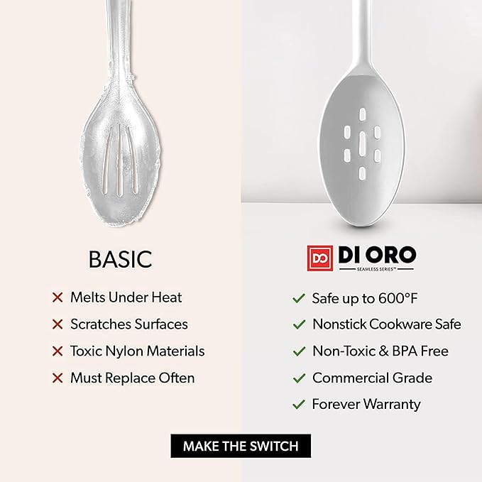 DI ORO Silicone Spoons for Cooking - Large Kitchen Utensils for Mixing, Serving, & Stirring - 600F Heat-Resistant Non Stick - Big Solid & Slotted Basting Spoons - Dishwasher Safe (2pc, Stone)