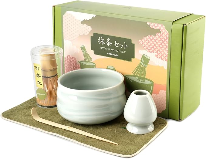 Matcha Whisk Set – Ceramic Matcha Set with Matcha Bowl, Matcha Whisk & Holder, Bamboo Scoop, Tea Towel – 5-Piece Japanese Matcha Kit for Matcha Lovers, Beginners & Gifting (Gray, 20oz)