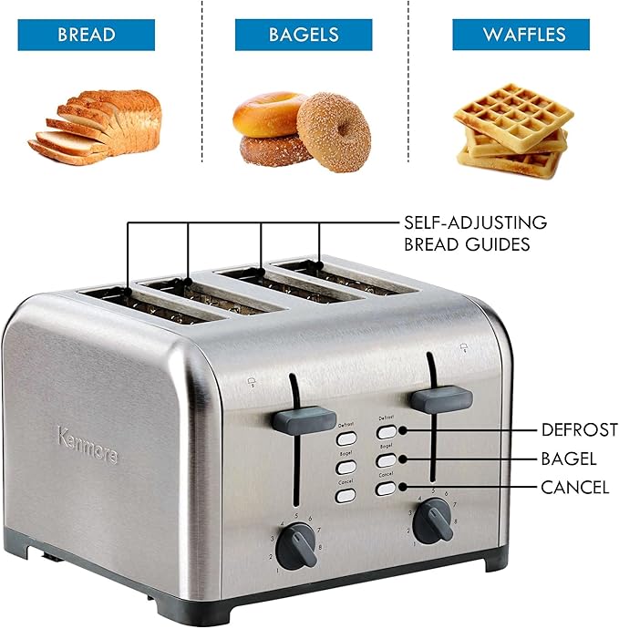 Kenmore Toaster 4 Slice - Extra Wide Slot Countertop Kitchen Appliance, Defrost Function, Grille-Pain, 9 Shade Settings, Compact Design, Easy Clean Crumb Tray, Bread Bagel, Stainless Steel