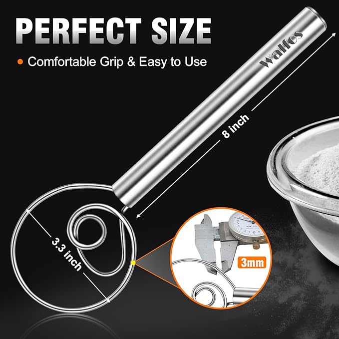 Walfos Danish Dough Whisks, Rustproof Stainless Steel Bread Whisk, Quick Mixing Bread Mixer, Dutch Dough Whisk for Cooking, Blending, Whisking, Stirring, Sourdough, Pizza, Pastry, Cake Batter（2pcs)