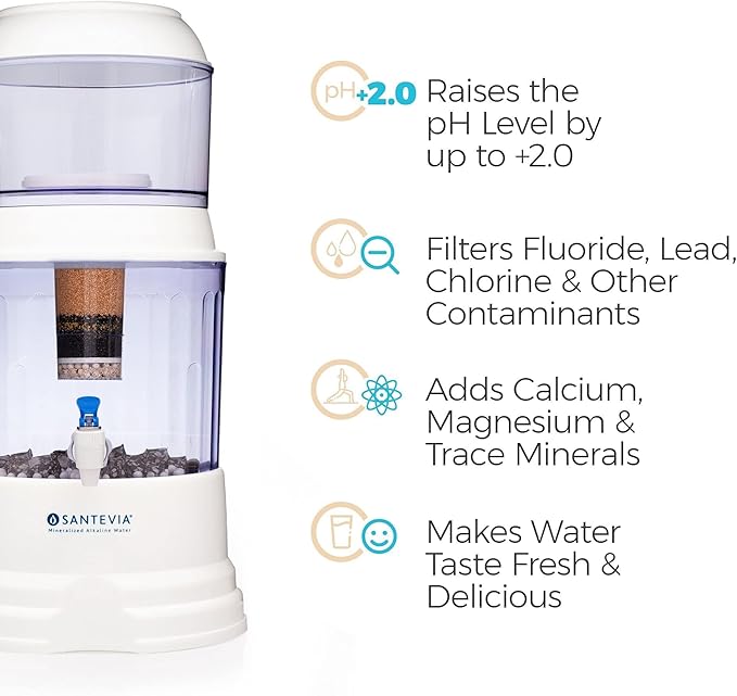Santevia Gravity Water System Filter | at Home Water Filter That Makes Water Alkaline and Adds Minerals | Chlorine and Fluoride Filter (Countertop Model)