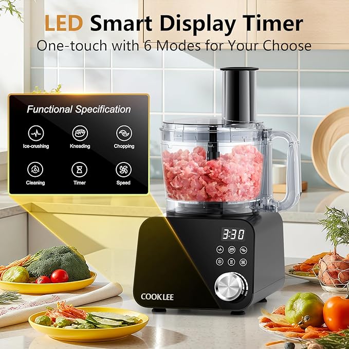 COOKLEE Food Processor, 600 Watts, 6 Functions Electric Vegetable Chopper for Chopping, Mincing, Dicing, Shredding, Slicing, Purees & Dough with 12cup Processor Bowl, Food Chute & Pusher, Black