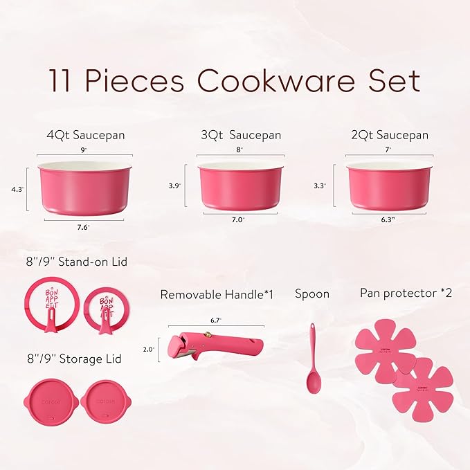CAROTE Ceramic Sauce Pan Sets with Stand-Up Lid 2QT, 3QT & 4QT, 11 Piece NonStick Kitchen Cookware Sets with Detachable Handle, Non Toxic Cooking Pot, Oven Safe, Induction Ready, Pink