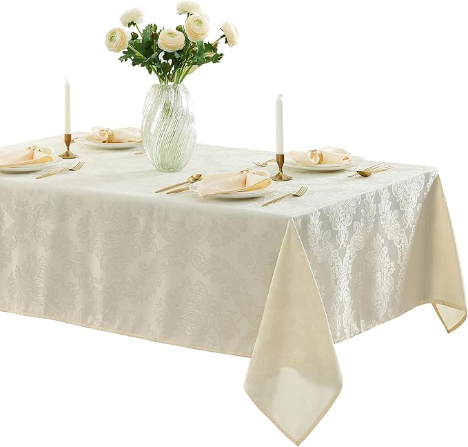 Newbridge Barcelona Luxury Damask Fabric Tablecloth, 60” Wide x 144” Rectangle, Antique White, 100% Polyester, No Iron, Soil Resistant Dining Room, Party and Banquet Table Cover